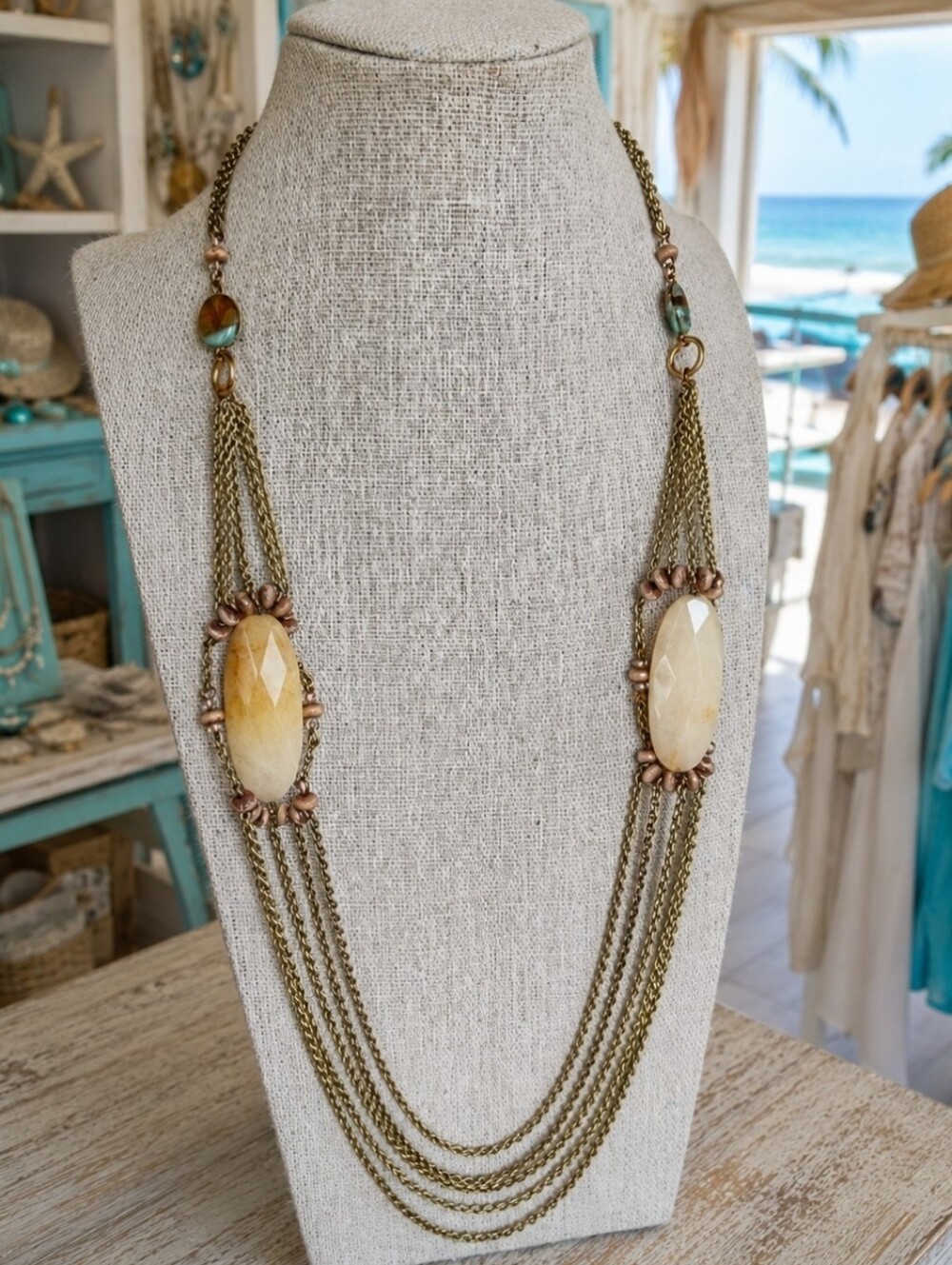 Rachel Reinhardt Extra Long Quadruple Strand Gold Tone Glass Stone Necklace EUC